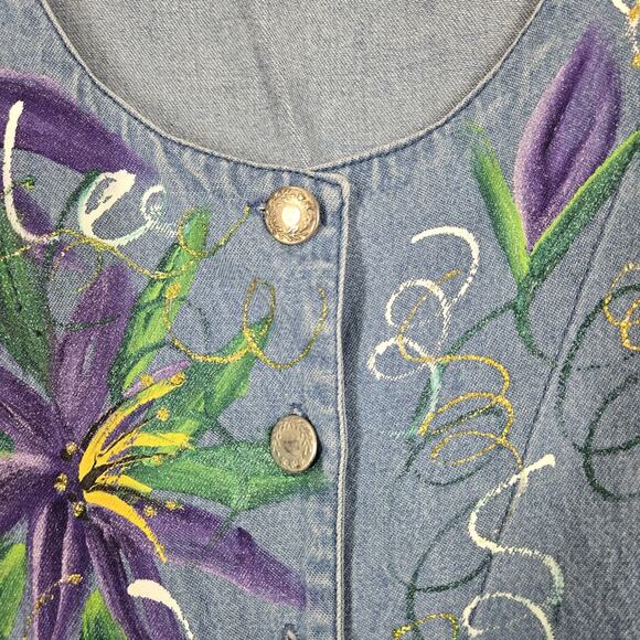 VTG PTNY Denim Jean Midi Dress Jumper XL Blue Cotton Sleeveless Painted Design - Picture 9 of 16